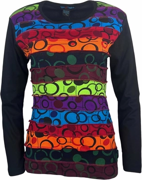 Agan Traders 2025 Spring Women's Boho Rib Knit Thick Cotton Distressed Patch Embroidered Long Sleeve Sweatshirt Top Blouse
