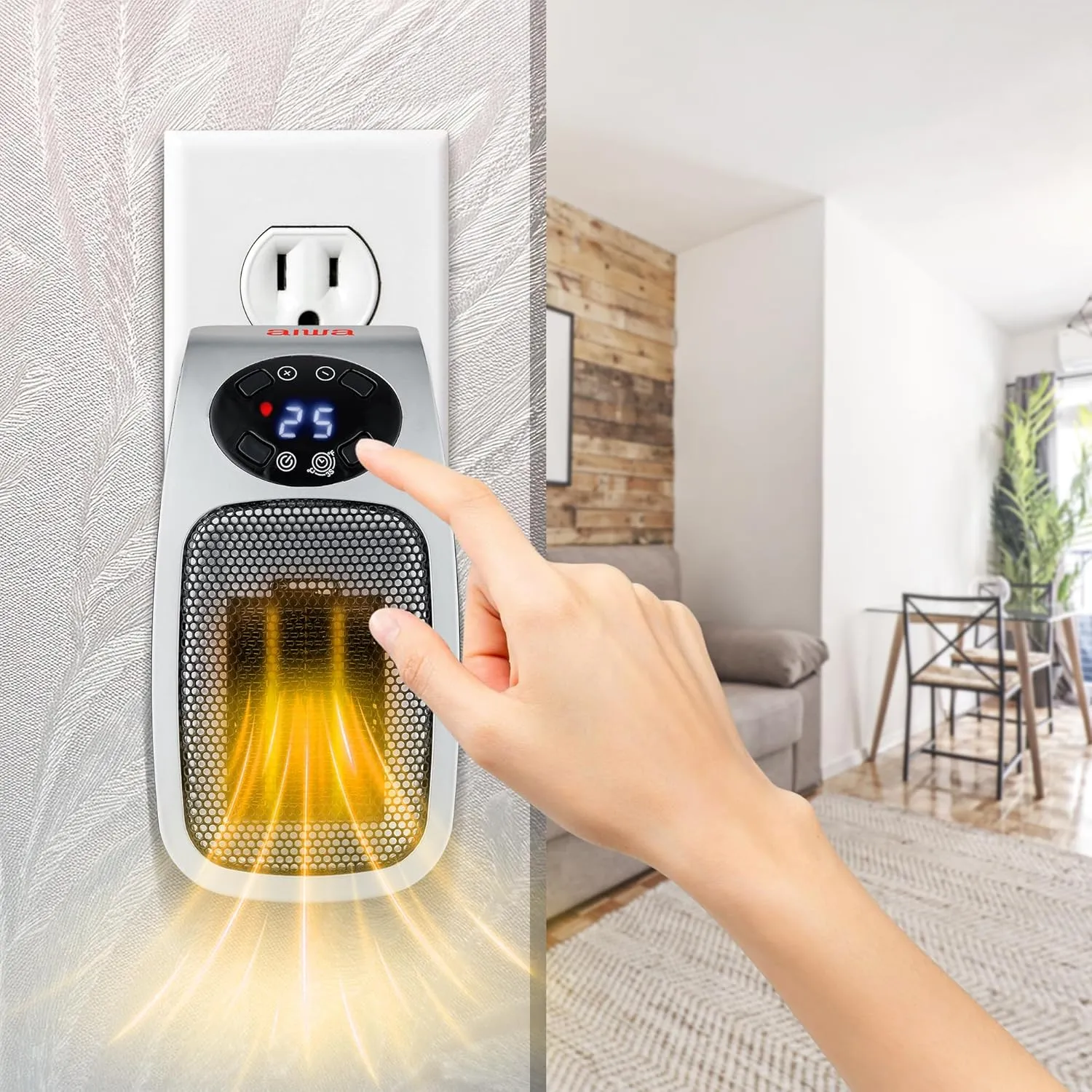 Aiwa Electric Outlet Ceramic Plug-In Space Heater with LCD Digital Screen, Adjustable Thermostat, 24 Hour Timer, Overheat Protection, up to 90°F, 400 W, 180° Degree Rotation, ETL Certified (1, Silver)
