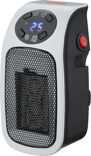 Aiwa Electric Outlet Ceramic Plug-In Space Heater with LCD Digital Screen, Adjustable Thermostat, 24 Hour Timer, Overheat Protection, up to 90°F, 400 W, 180° Degree Rotation, ETL Certified (1, Silver)