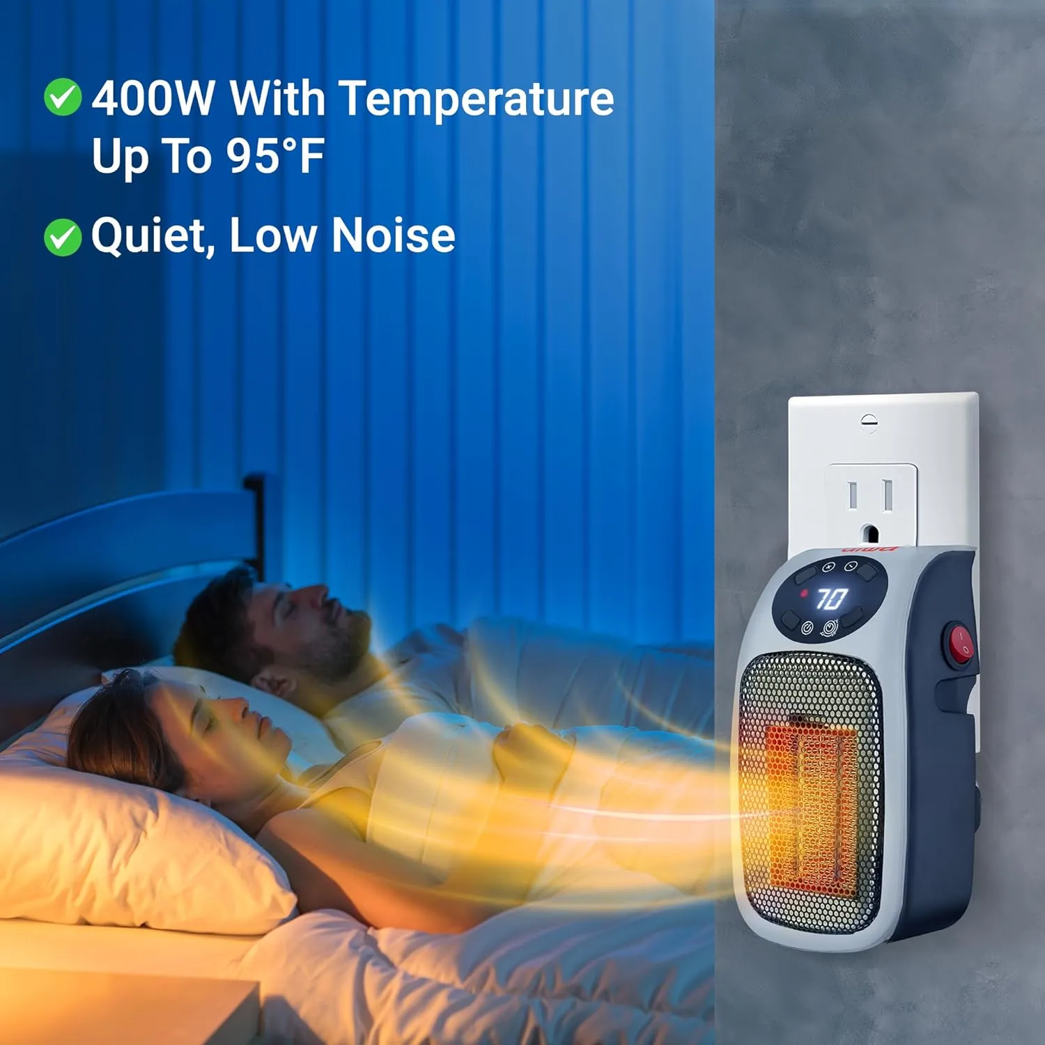 Aiwa Electric Outlet Ceramic Plug-In Space Heater with LCD Digital Screen, Adjustable Thermostat, 24 Hour Timer, Overheat Protection, up to 90°F, 400 W, 180° Degree Rotation, ETL Certified (1, Silver)
