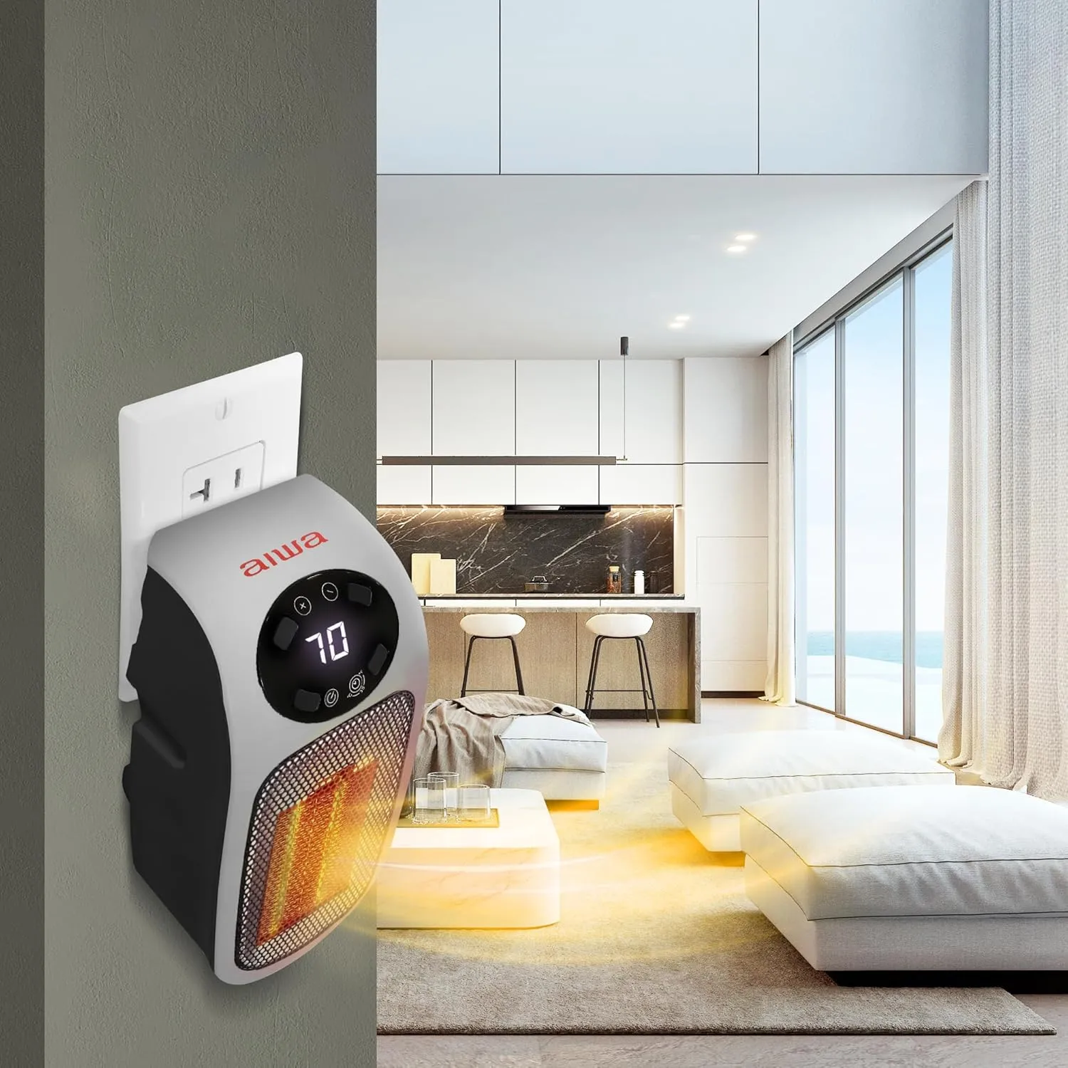Aiwa Electric Outlet Ceramic Plug-In Space Heater with LCD Digital Screen, Adjustable Thermostat, 24 Hour Timer, Overheat Protection, up to 90°F, 400 W, 180° Degree Rotation, ETL Certified (1, Silver)