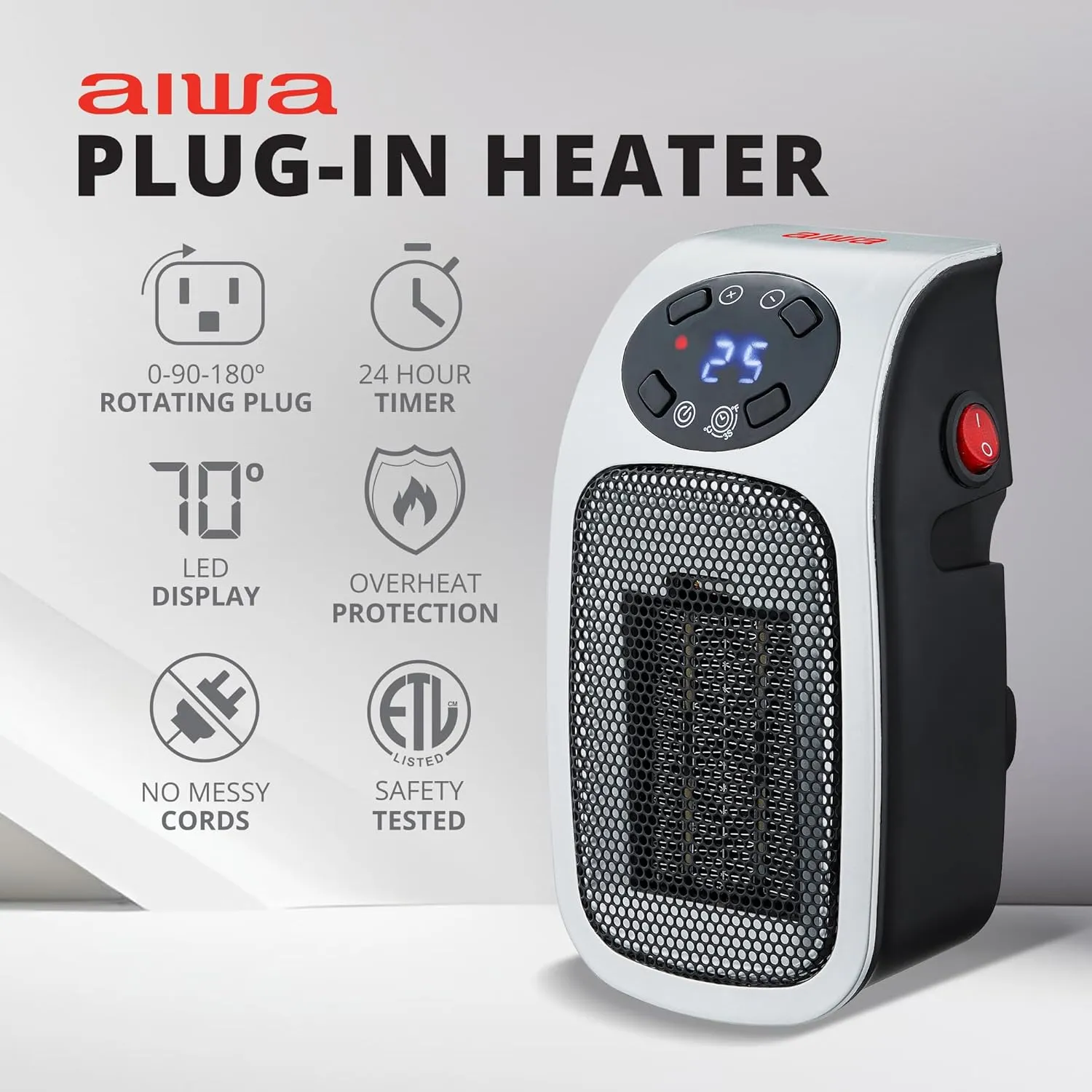 Aiwa Electric Outlet Ceramic Plug-In Space Heater with LCD Digital Screen, Adjustable Thermostat, 24 Hour Timer, Overheat Protection, up to 90°F, 400 W, 180° Degree Rotation, ETL Certified (1, Silver)