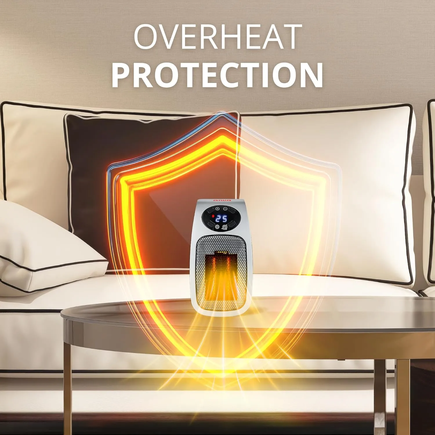 Aiwa Electric Outlet Ceramic Plug-In Space Heater with LCD Digital Screen, Adjustable Thermostat, 24 Hour Timer, Overheat Protection, up to 90°F, 400 W, 180° Degree Rotation, ETL Certified (1, Silver)