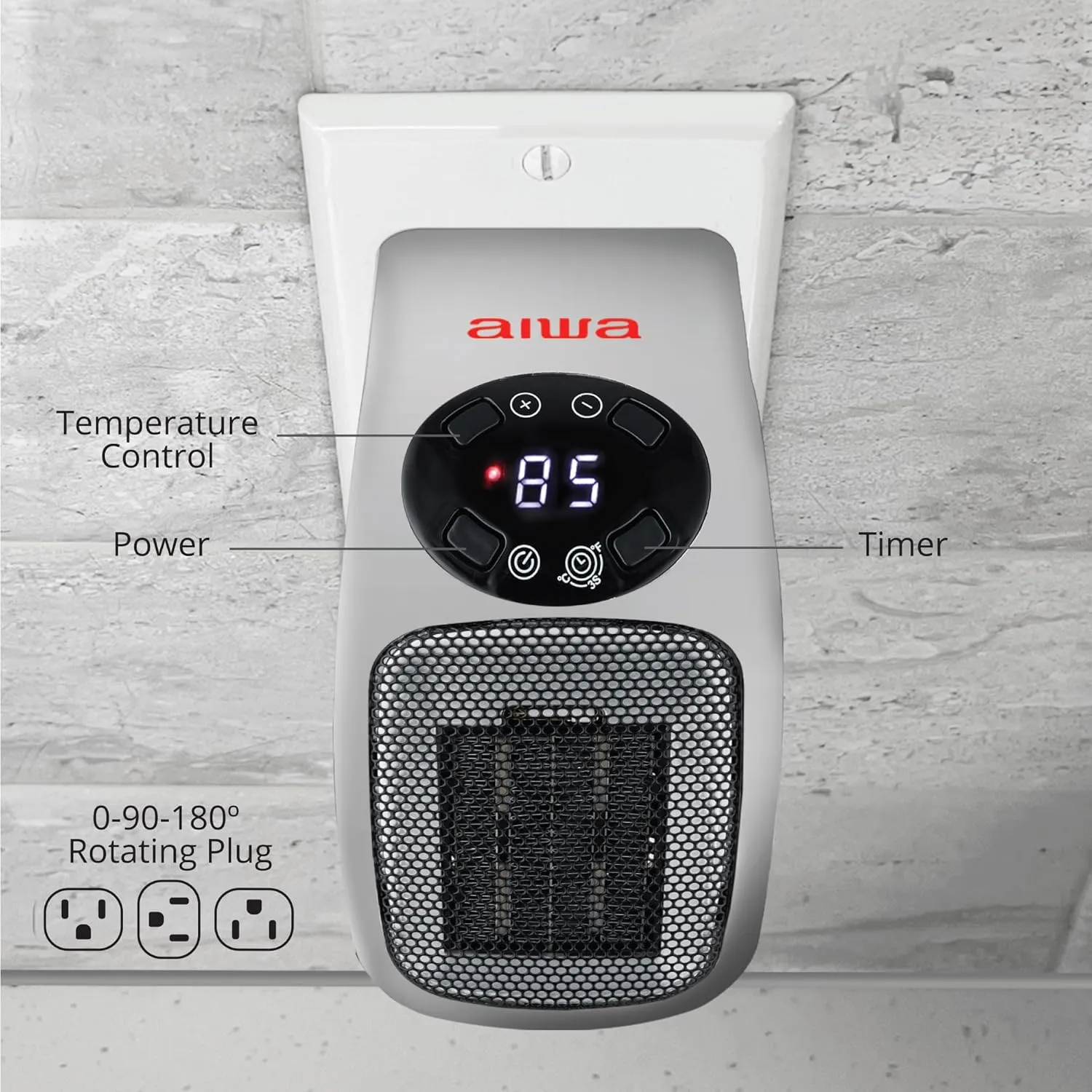Aiwa Electric Outlet Ceramic Plug-In Space Heater with LCD Digital Screen, Adjustable Thermostat, 24 Hour Timer, Overheat Protection, up to 90°F, 400 W, 180° Degree Rotation, ETL Certified (1, Silver)
