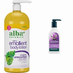 Alba Botanica 32 Oz Very Emollient Unscented Lotion and JASON 30 Fl Oz Lavender Calming Body Wash Bundle