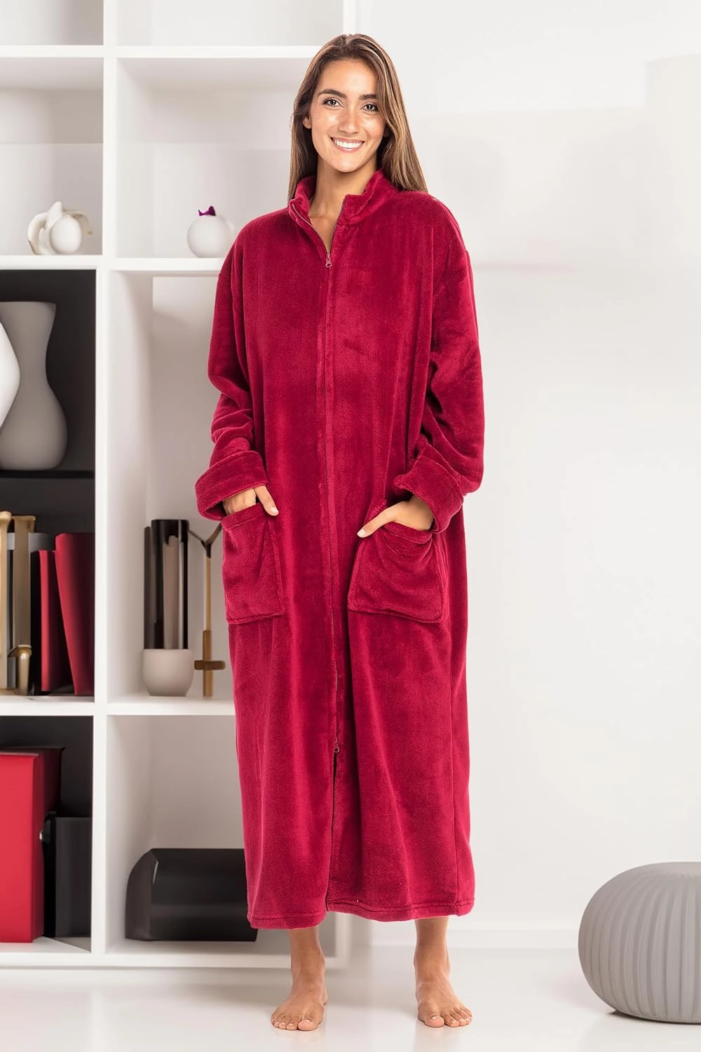 Alexander Del Rossa Long Zip Up Robes, Plush Zipper Robes for Plus Size, Housecoats Zipper Front