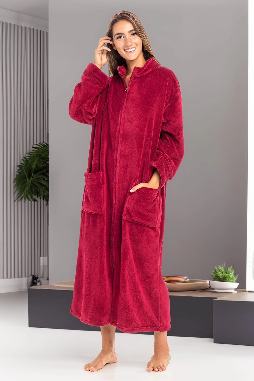 Alexander Del Rossa Long Zip Up Robes, Plush Zipper Robes for Plus Size, Housecoats Zipper Front