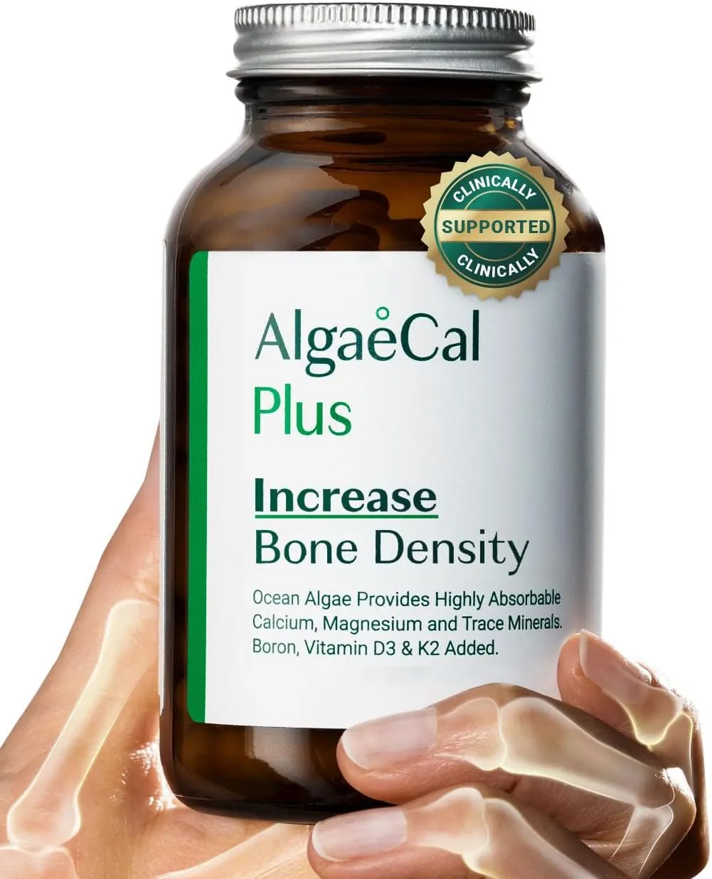 ALGAECAL Plus – Organic Red Algae Calcium Supplement, Vitamin K2 MK7 (100mcg), Vitamin D3 (1600 IU), Magnesium (350mg), Trace Minerals, Plant-Based Bone Strength, Easy to Swallow, 120 Veggie Caps