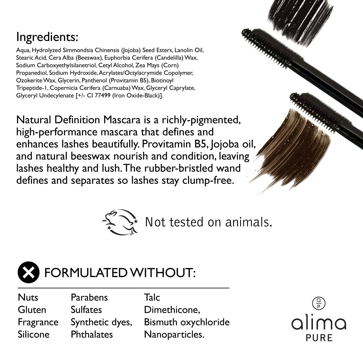 Alima Pure | Natural Definition Mascara | With Jojoba Oil and Beeswax | Eye Makeup | Black Mascara | Mineral Makeup | Black, .28 oz/ 8 g
