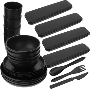Alipis Black Camping Cutlery Set Pc Utensils Bowl Fork Spoon Compact Case for Picnic Bbq