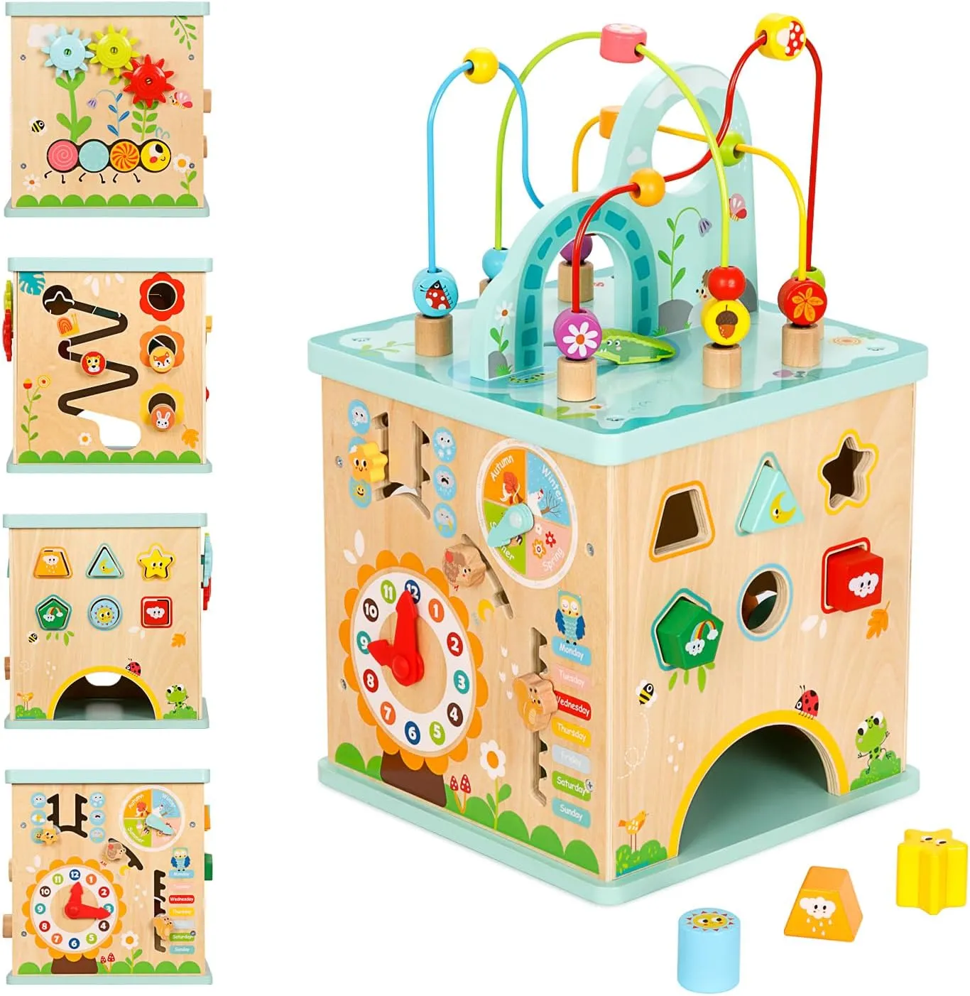 All-in-one Activity Center, 5 in 1 Baby Activity Table with Gear Game, Kids Sensory Table Play Cube with Montessori Calendar, Bead Maze, Shape Sorter, Ball Drop and More