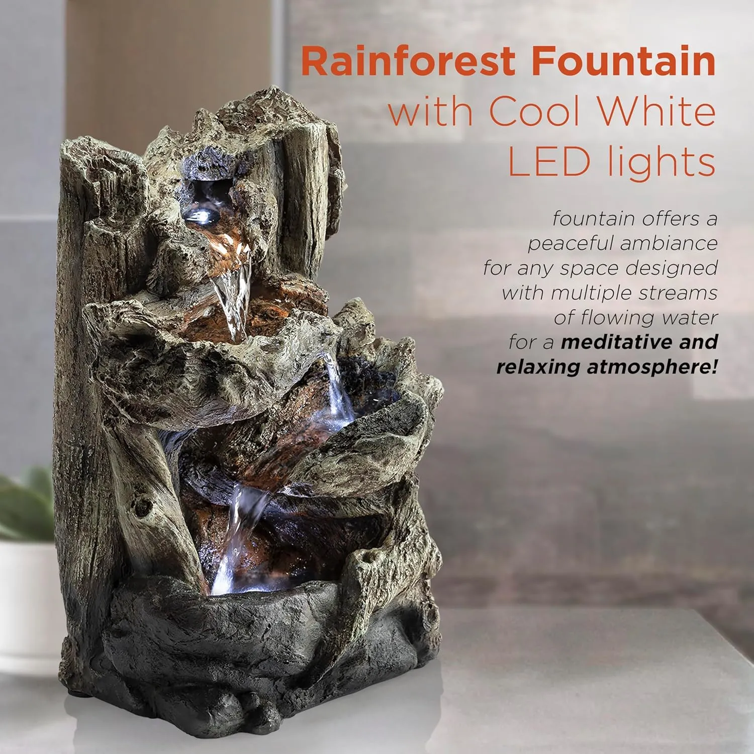 Alpine Corporation - 14" Tall Indoor Tiered Log Tabletop Fountain with LED Lights - Cascading Waterfall, Relaxing Ambiance for Home and Office Decor