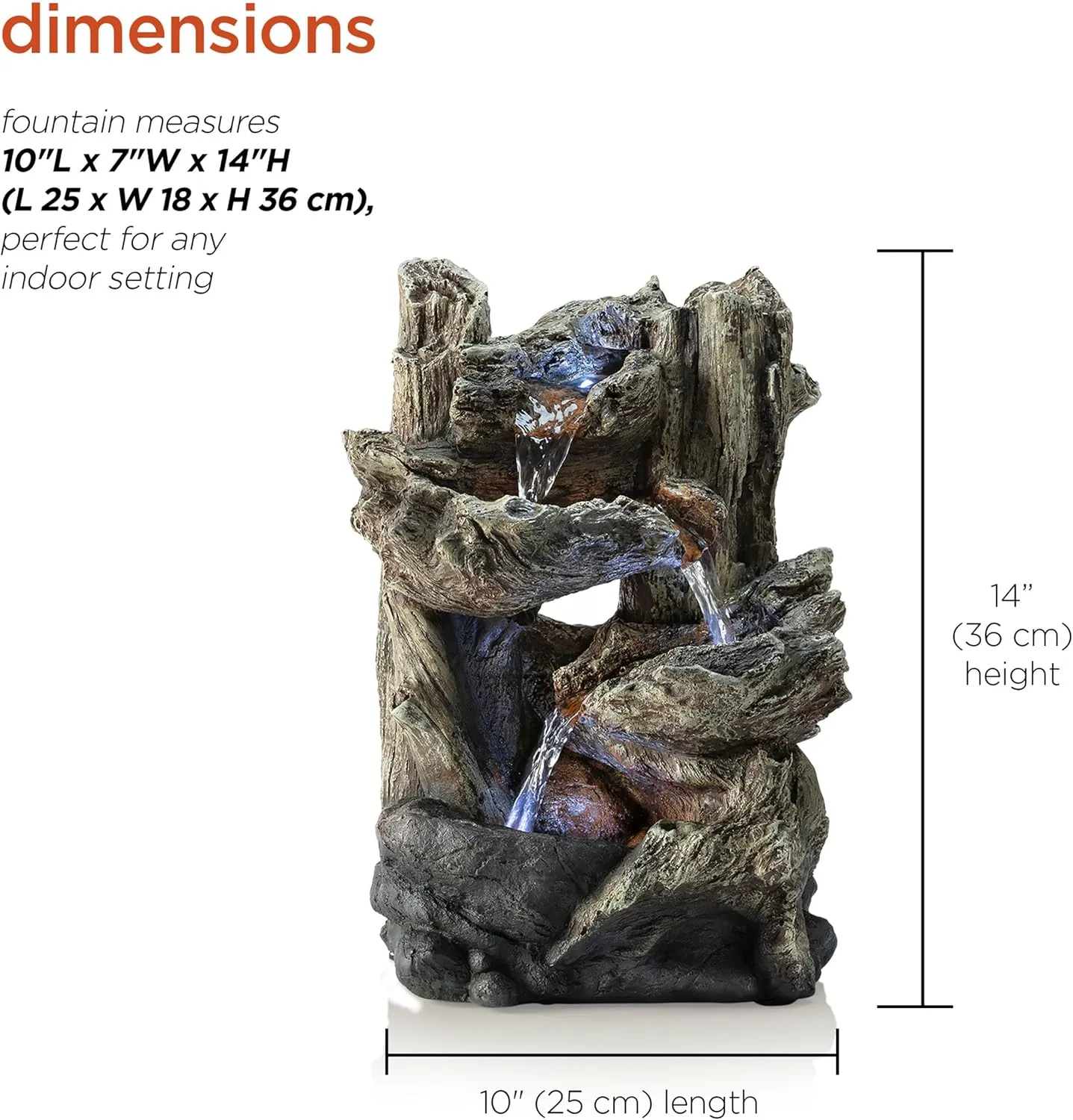 Alpine Corporation - 14" Tall Indoor Tiered Log Tabletop Fountain with LED Lights - Cascading Waterfall, Relaxing Ambiance for Home and Office Decor
