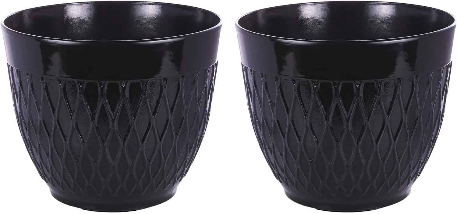 Alpine Corporation CLL404BK-2 Indoor Outdoor Stone Look Planters with Drainage Holes, Black, Set of 2