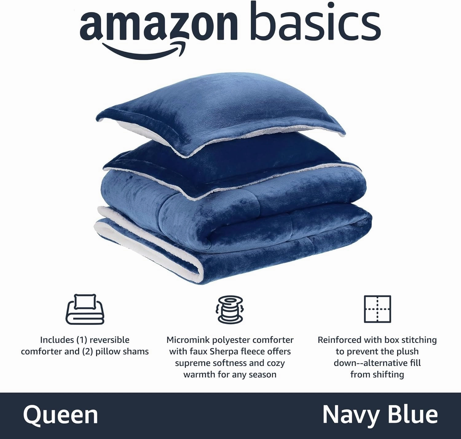 Amazon Basics 3 Piece Bedding Set, Micromink Sherpa, Ultra-Soft, Warm All Season Comforter, Full/Queen, Navy Blue, Solid