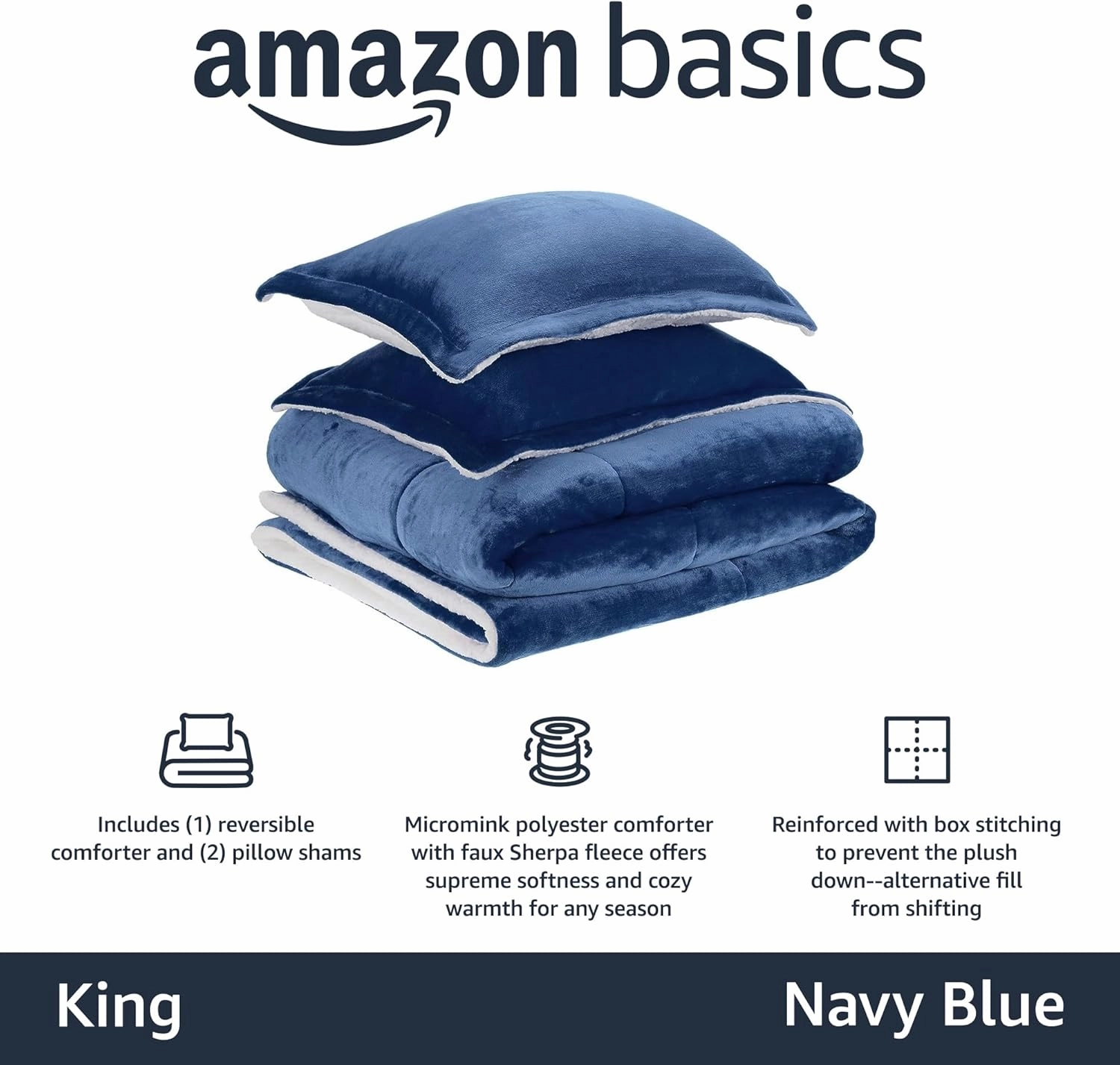 Amazon Basics 3 Piece Bedding Set, Micromink Sherpa, Ultra-Soft, Warm All Season Comforter, King, Navy Blue, Solid