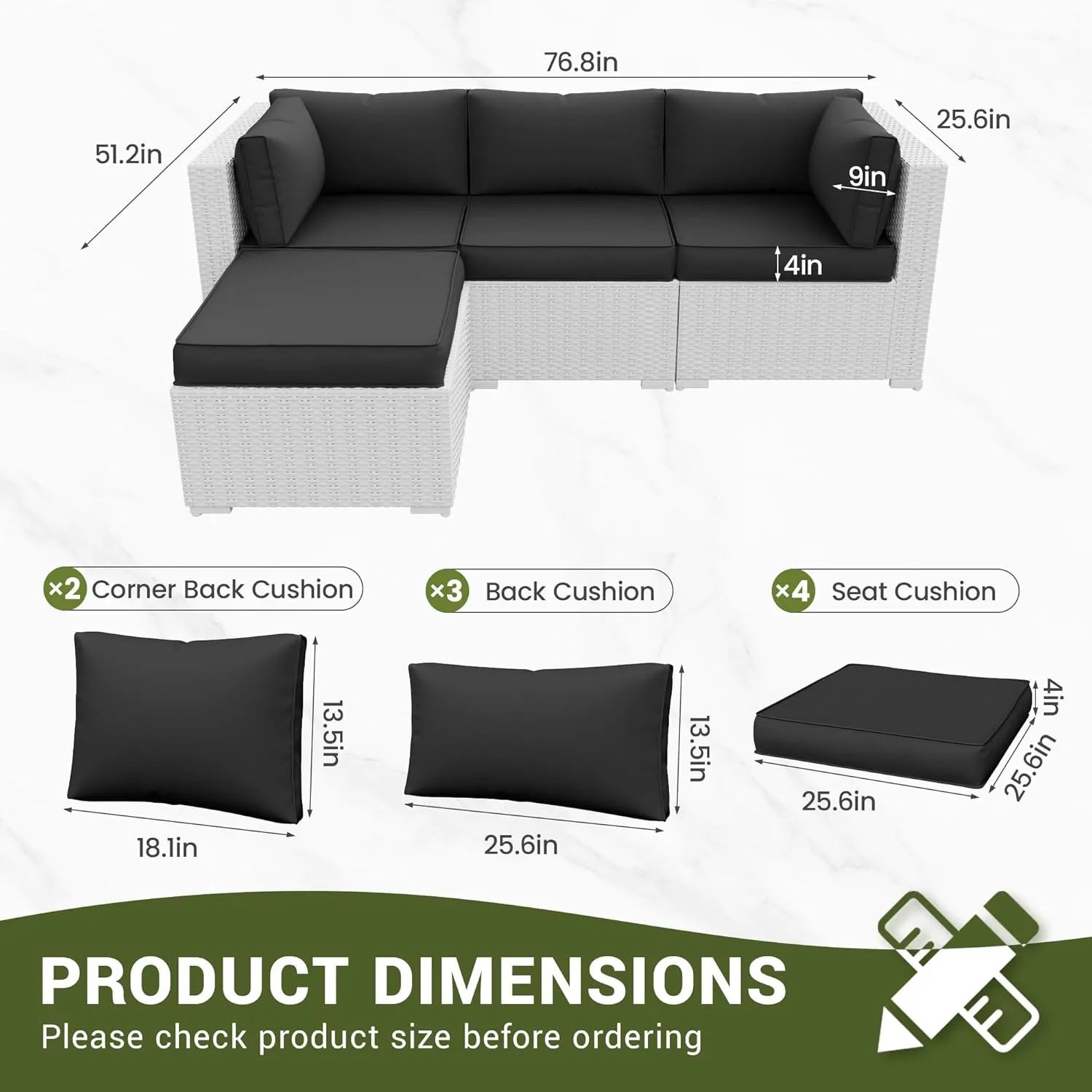 Amopatio Outdoor Cushions, Patio Furniture Replacement Cushions, Cushions for Outdoor Furniture, Waterproof & Fade Resistant(Cushion Cores & Covers, Black)