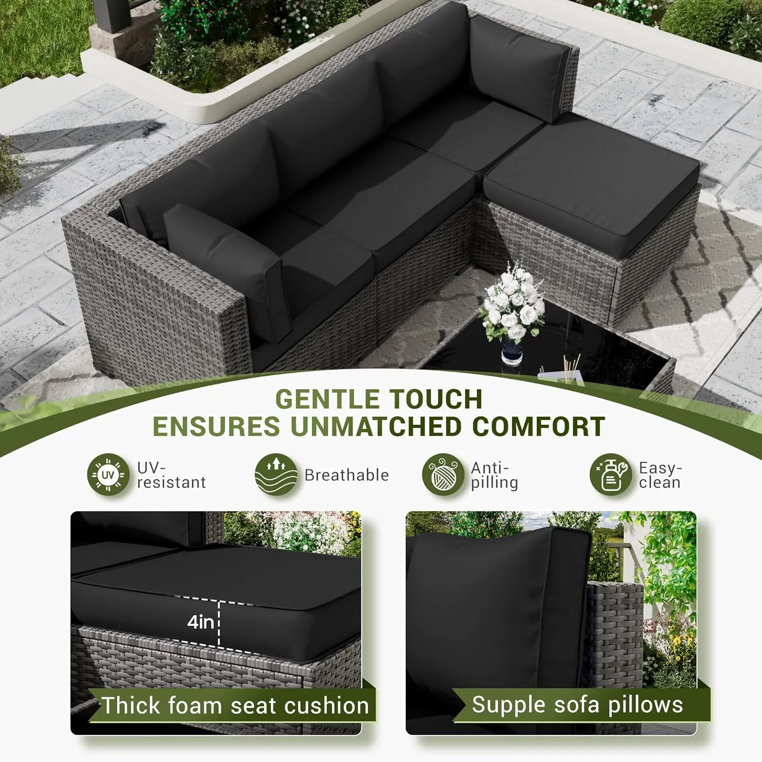 Amopatio Outdoor Cushions, Patio Furniture Replacement Cushions, Cushions for Outdoor Furniture, Waterproof & Fade Resistant(Cushion Cores & Covers, Black)