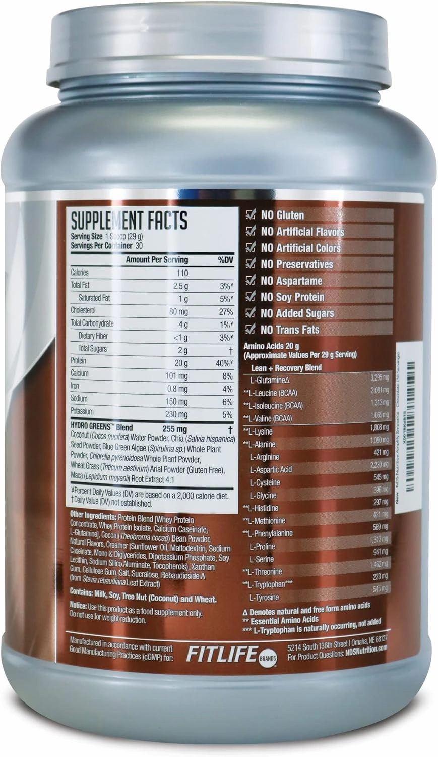 AMPLIFY NDS Nutrition Smoothie Premium Whey Protein Powder Shake with Added Greens and Amino Acids - Build Lean Muscle, Gain Strength, Lasting Energy, and Lose Fat - Double Chocolate (30 Servings)