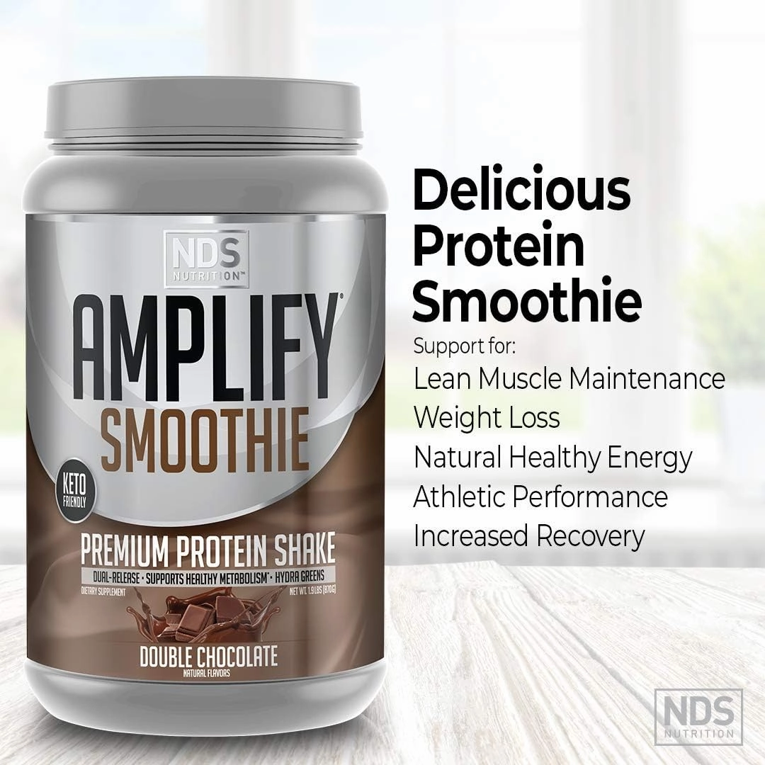 AMPLIFY NDS Nutrition Smoothie Premium Whey Protein Powder Shake with Added Greens and Amino Acids - Build Lean Muscle, Gain Strength, Lasting Energy, and Lose Fat - Double Chocolate (30 Servings)