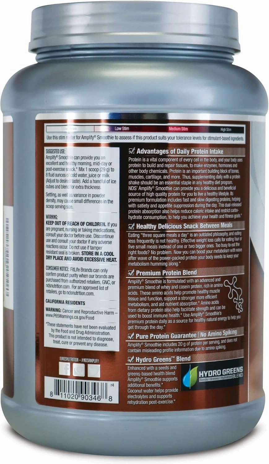 AMPLIFY NDS Nutrition Smoothie Premium Whey Protein Powder Shake with Added Greens and Amino Acids - Build Lean Muscle, Gain Strength, Lasting Energy, and Lose Fat - Double Chocolate (30 Servings)