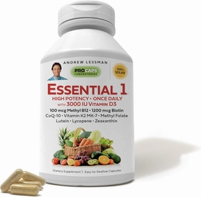 ANDREW LESSMAN Essential-1 Multivitamin 3000 IU Vitamin D3 60 Small Capsules - 100 mcg Methyl B12. CoQ10 Lutein Lycopene Zeaxanthin. High Potency. No Additives. Ultra-Mild. One Daily Capsule