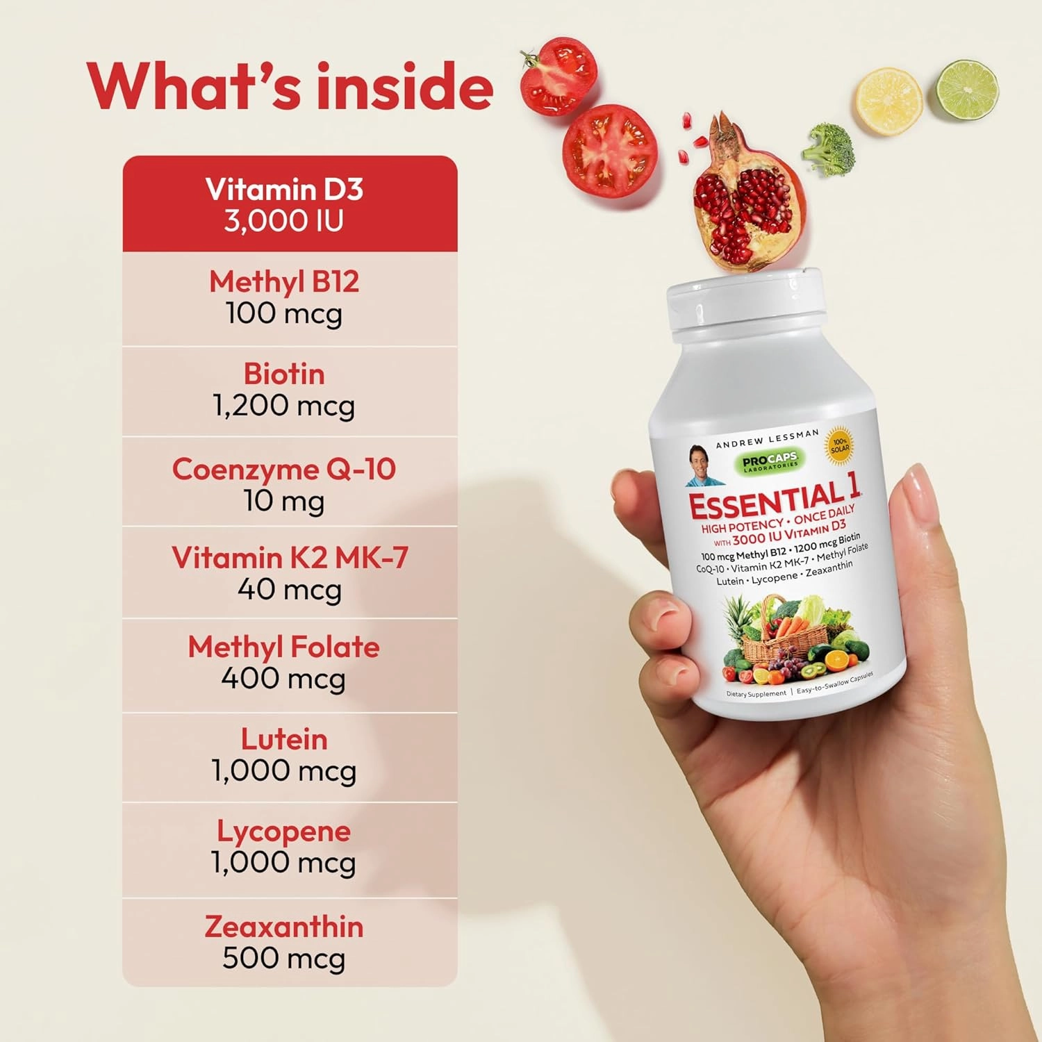 ANDREW LESSMAN Essential-1 Multivitamin 3000 IU Vitamin D3 60 Small Capsules - 100 mcg Methyl B12. CoQ10 Lutein Lycopene Zeaxanthin. High Potency. No Additives. Ultra-Mild. One Daily Capsule