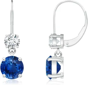 ANGARA Natural Round Blue Sapphire Leverback Dangle Earrings with Diamond in 14K Solid Gold/Platinum | September Birthstone, Birthday, Engagement, Anniversary, Wedding Jewelry Gift for Women