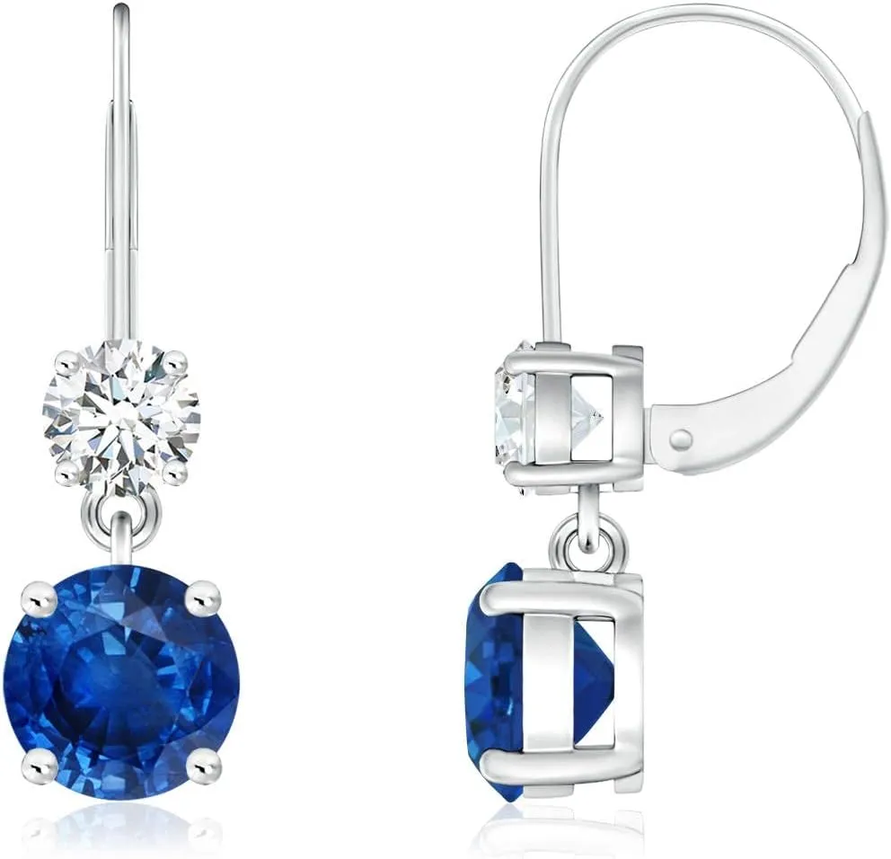 ANGARA Natural Round Blue Sapphire Leverback Dangle Earrings with Diamond in 14K Solid Gold/Platinum | September Birthstone, Birthday, Engagement, Anniversary, Wedding Jewelry Gift for Women