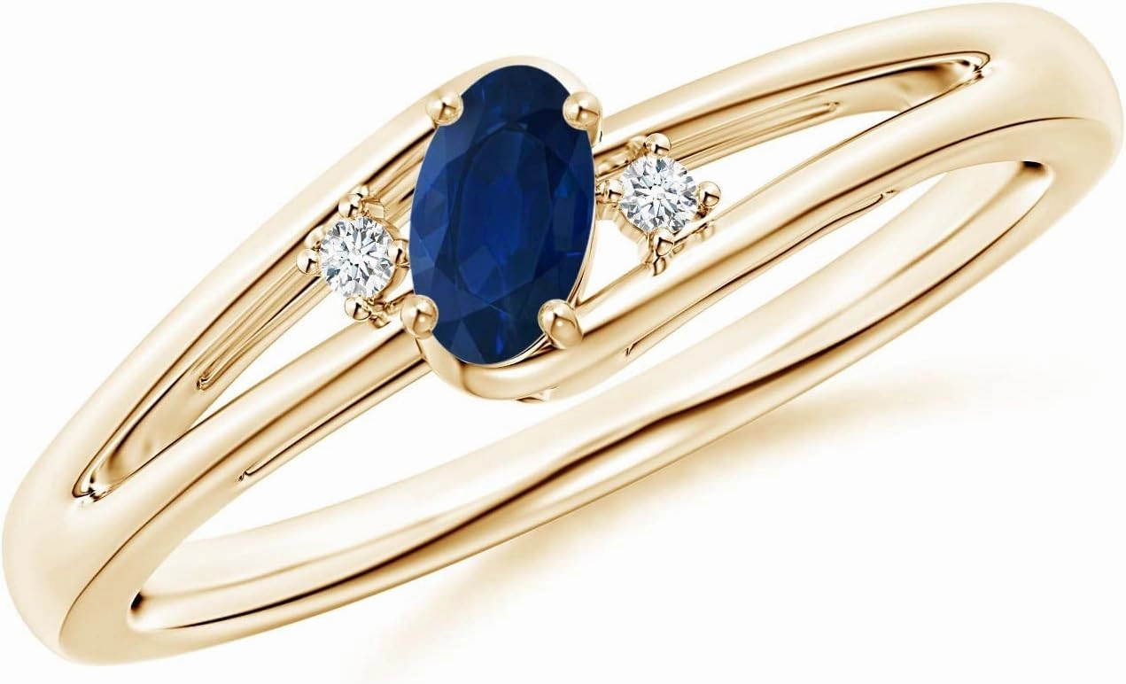 Angara Natural Prong-Set Blue Sapphire and Diamond Split Shank Engagement Ring in 14K Yellow Gold for Women (Size-5x3mm) | September Birthstone Jewelry