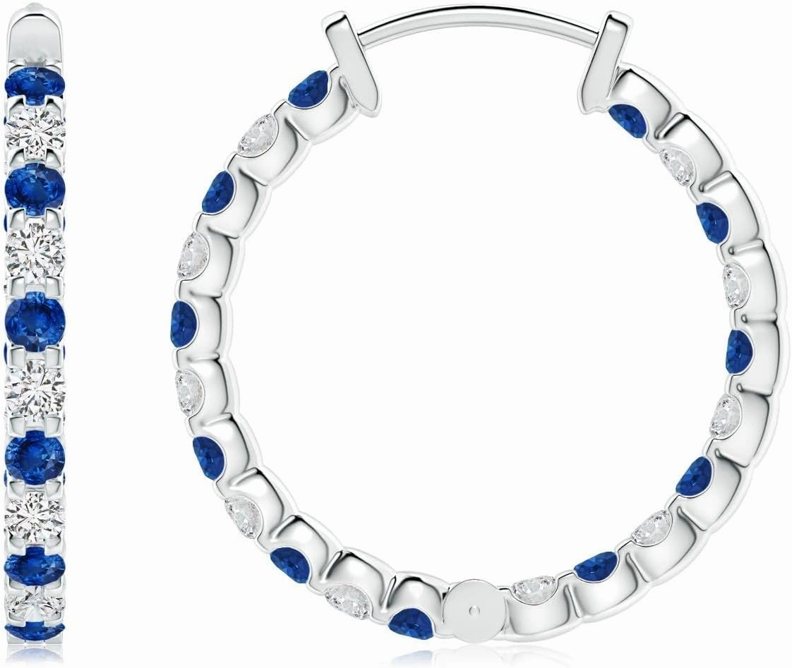 ANGARA Natural Prong-Set Sapphire and Diamond Inside Out Hoop Earrings in 14K Solid Gold/Platinum | September Birthstone, Birthday, Engagement, Anniversary, Wedding Jewelry Gift for Women