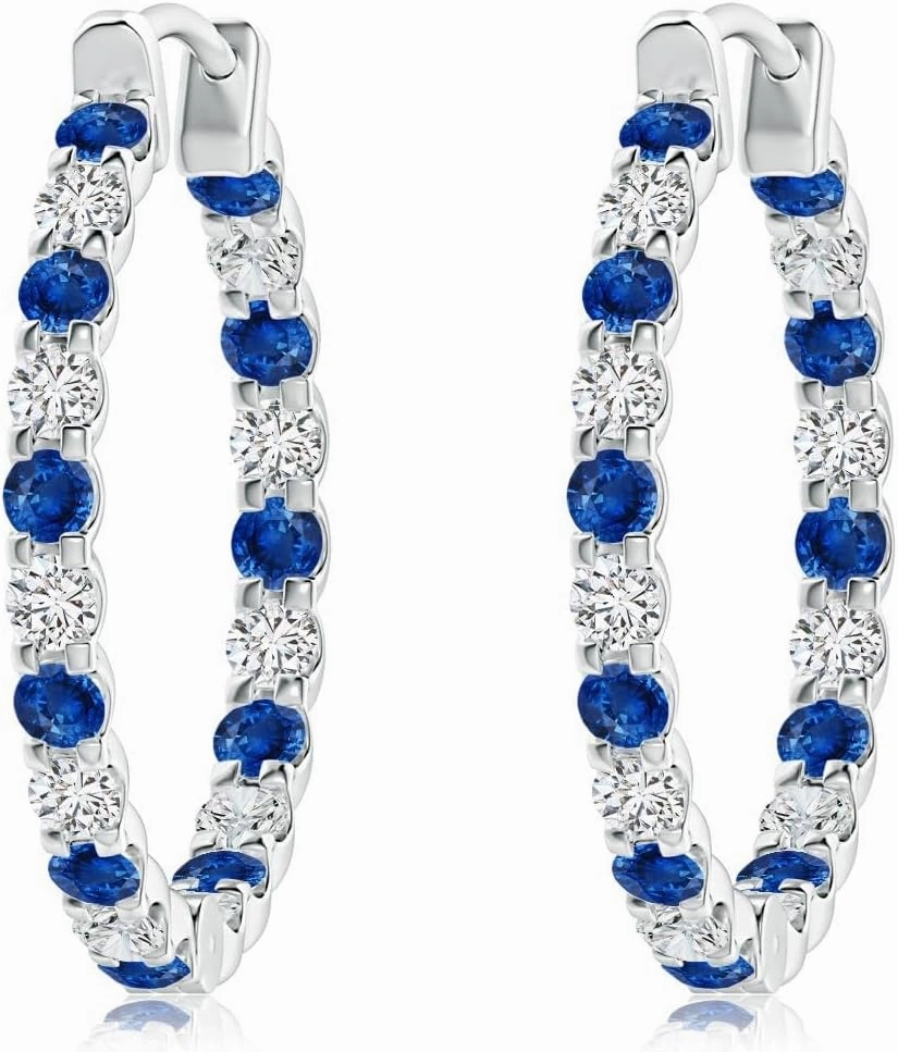 ANGARA Natural Prong-Set Sapphire and Diamond Inside Out Hoop Earrings in 14K Solid Gold/Platinum | September Birthstone, Birthday, Engagement, Anniversary, Wedding Jewelry Gift for Women