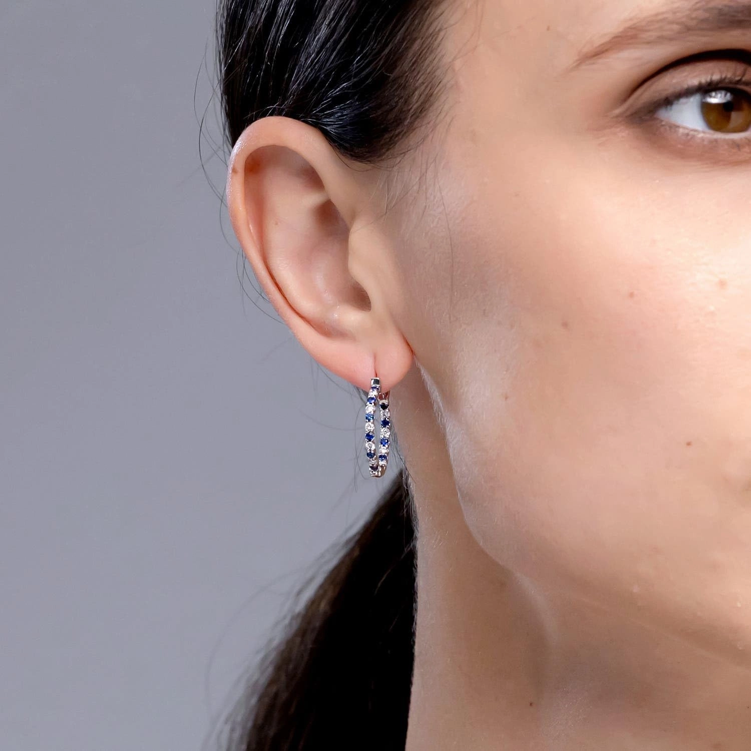 ANGARA Natural Prong-Set Sapphire and Diamond Inside Out Hoop Earrings in 14K Solid Gold/Platinum | September Birthstone, Birthday, Engagement, Anniversary, Wedding Jewelry Gift for Women
