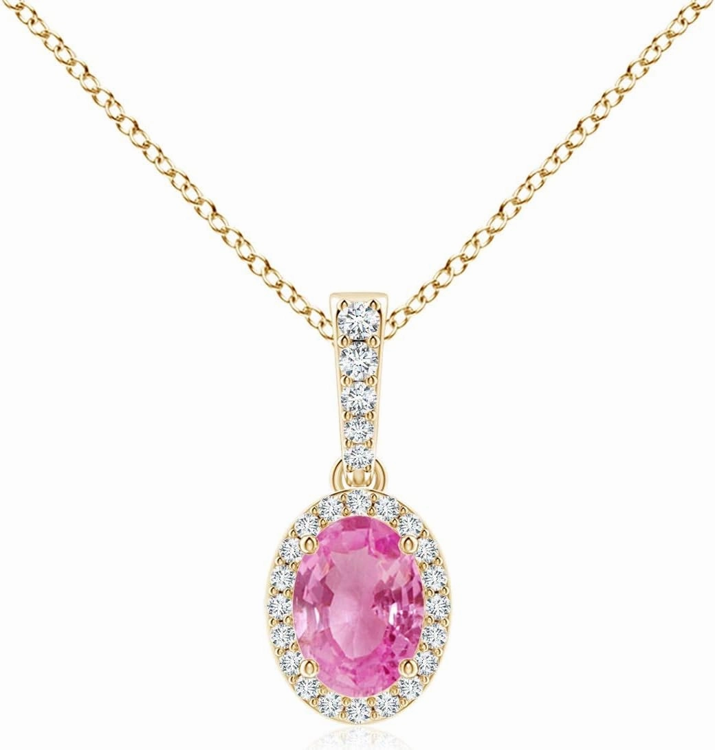 Angara Natural Vintage Style Oval Pink Sapphire Halo Pendant in 14K Solid Gold/Platinum | Birthday, Engagement, Anniversary, Wedding Jewelry Gift for Women