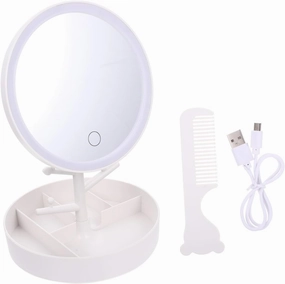 Angoily LED Illuminated Makeup Mirror Compact Table Mirror Storage Box LED Lights High-Definition Non-Dazzling Easy Brightness Adjustment Durable HZ003 White Set Mirror