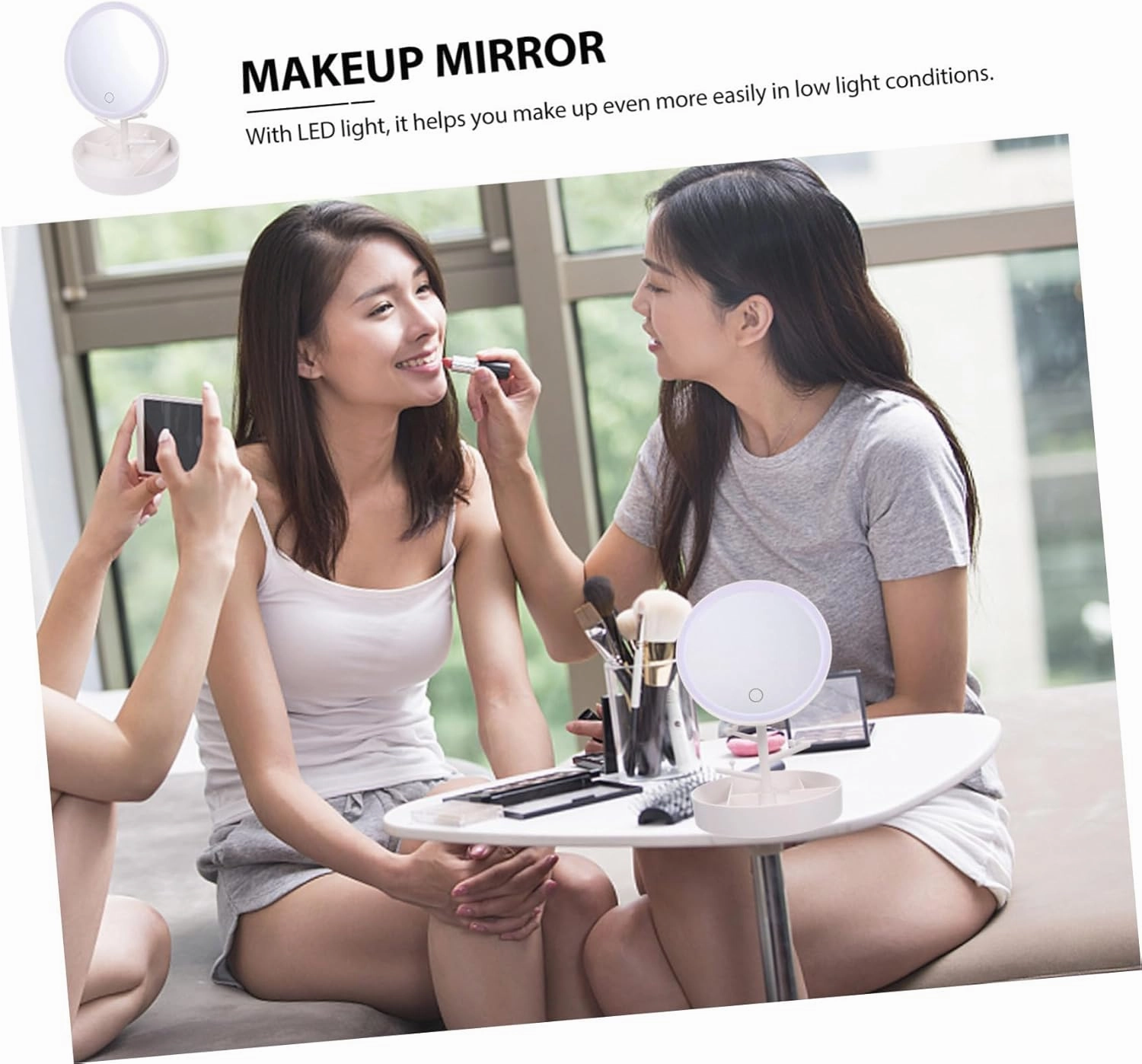 Angoily LED Illuminated Makeup Mirror Compact Table Mirror Storage Box LED Lights High-Definition Non-Dazzling Easy Brightness Adjustment Durable HZ003 White Set Mirror
