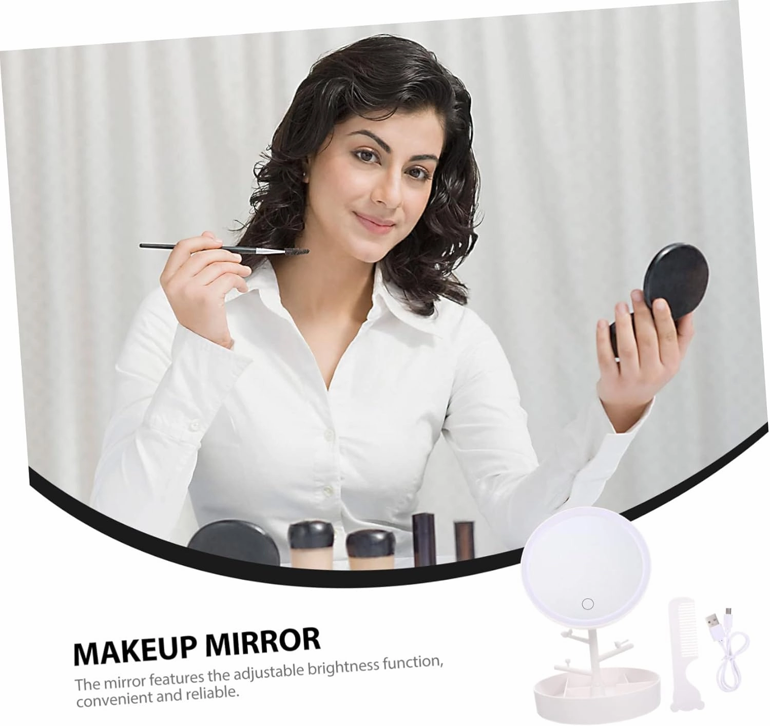 Angoily LED Illuminated Makeup Mirror Compact Table Mirror Storage Box LED Lights High-Definition Non-Dazzling Easy Brightness Adjustment Durable HZ003 White Set Mirror