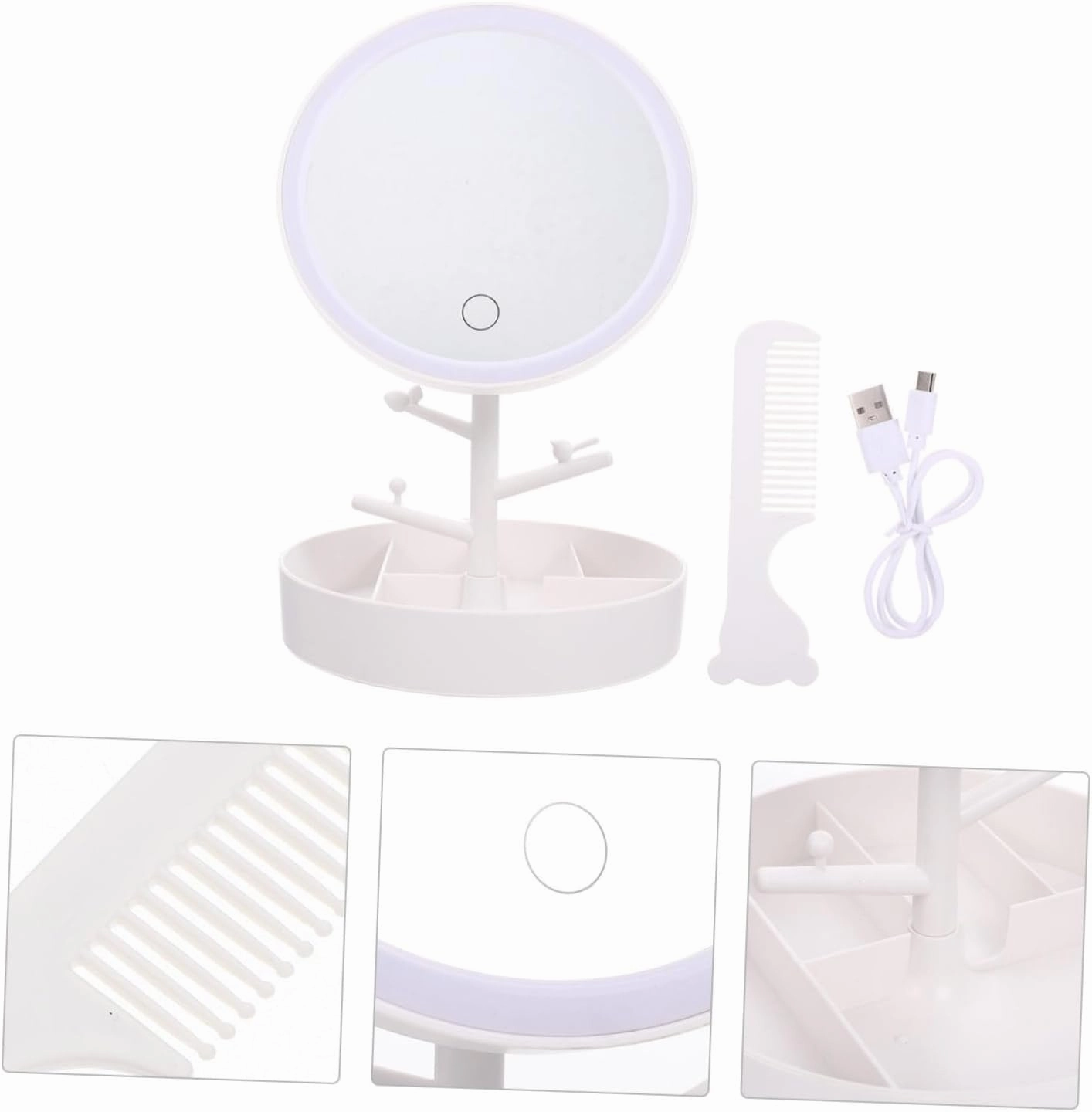 Angoily LED Illuminated Makeup Mirror Compact Table Mirror Storage Box LED Lights High-Definition Non-Dazzling Easy Brightness Adjustment Durable HZ003 White Set Mirror