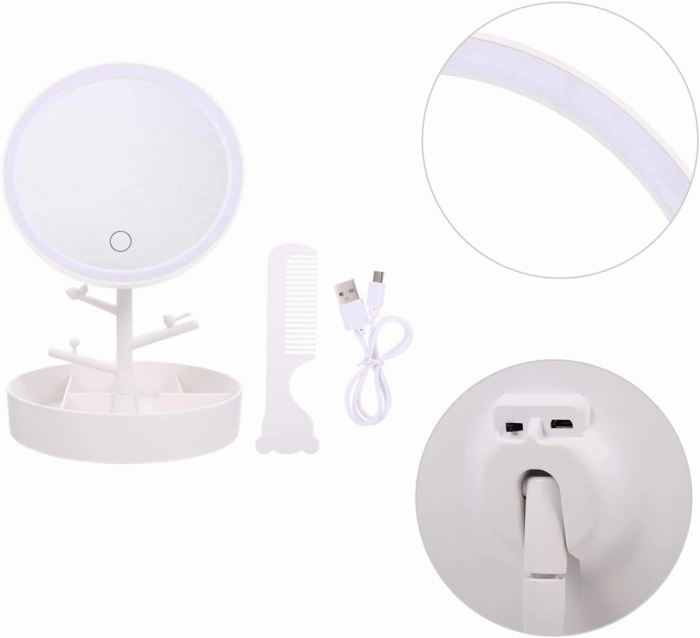 Angoily LED Illuminated Makeup Mirror Compact Table Mirror Storage Box LED Lights High-Definition Non-Dazzling Easy Brightness Adjustment Durable HZ003 White Set Mirror