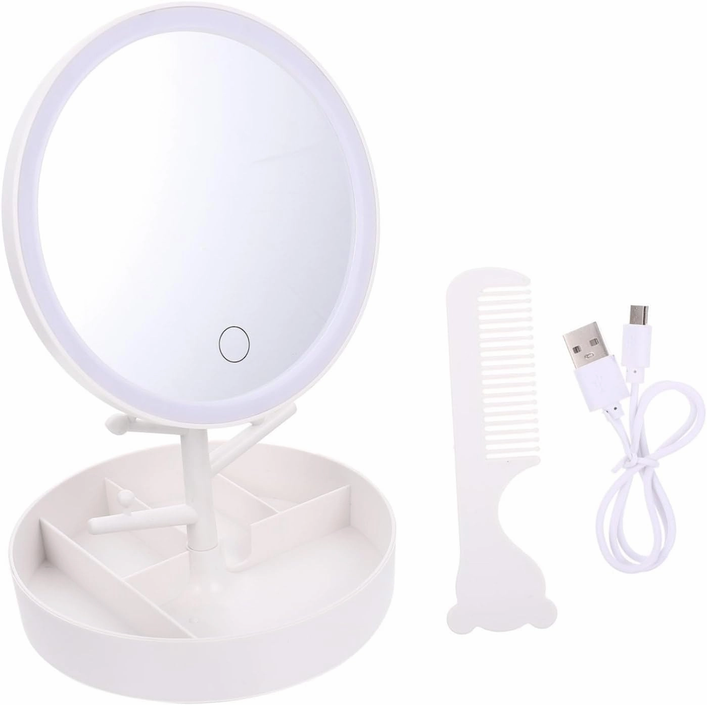Angoily LED Illuminated Makeup Mirror Compact Table Mirror Storage Box LED Lights High-Definition Non-Dazzling Easy Brightness Adjustment Durable HZ003 White Set Mirror