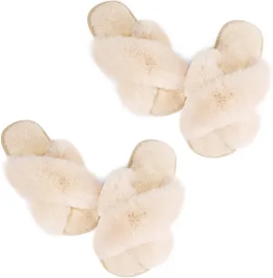 Ankis Women's Plush Slippers with Cross Band, Warm Slippers, 2 Pairs of Memory Foam and Open Toe, Fluffy Slippers for Indoor and Outdoor Use (White, Black, Grey, Pink, Camel)