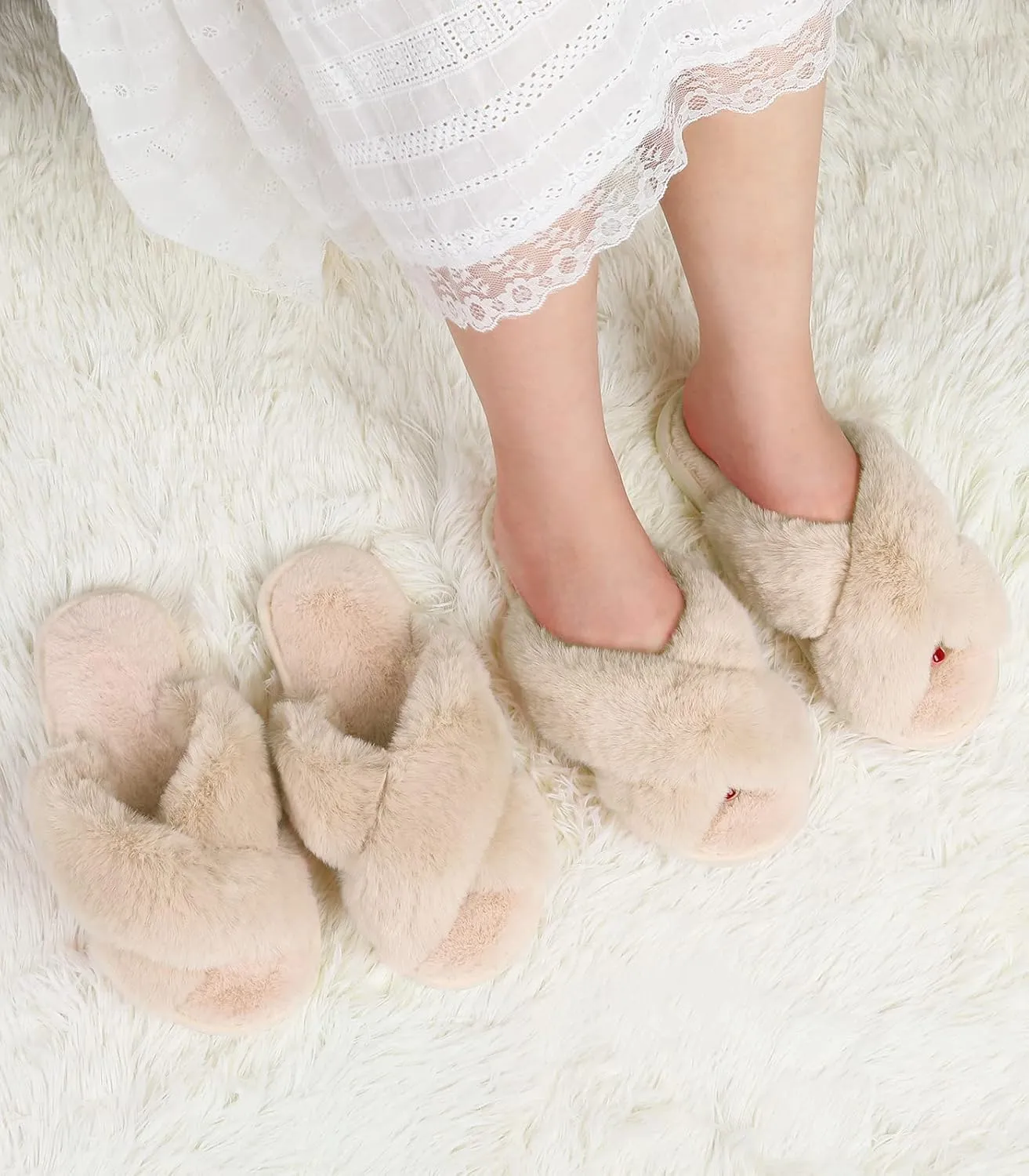 Ankis Women's Plush Slippers with Cross Band, Warm Slippers, 2 Pairs of Memory Foam and Open Toe, Fluffy Slippers for Indoor and Outdoor Use (White, Black, Grey, Pink, Camel)