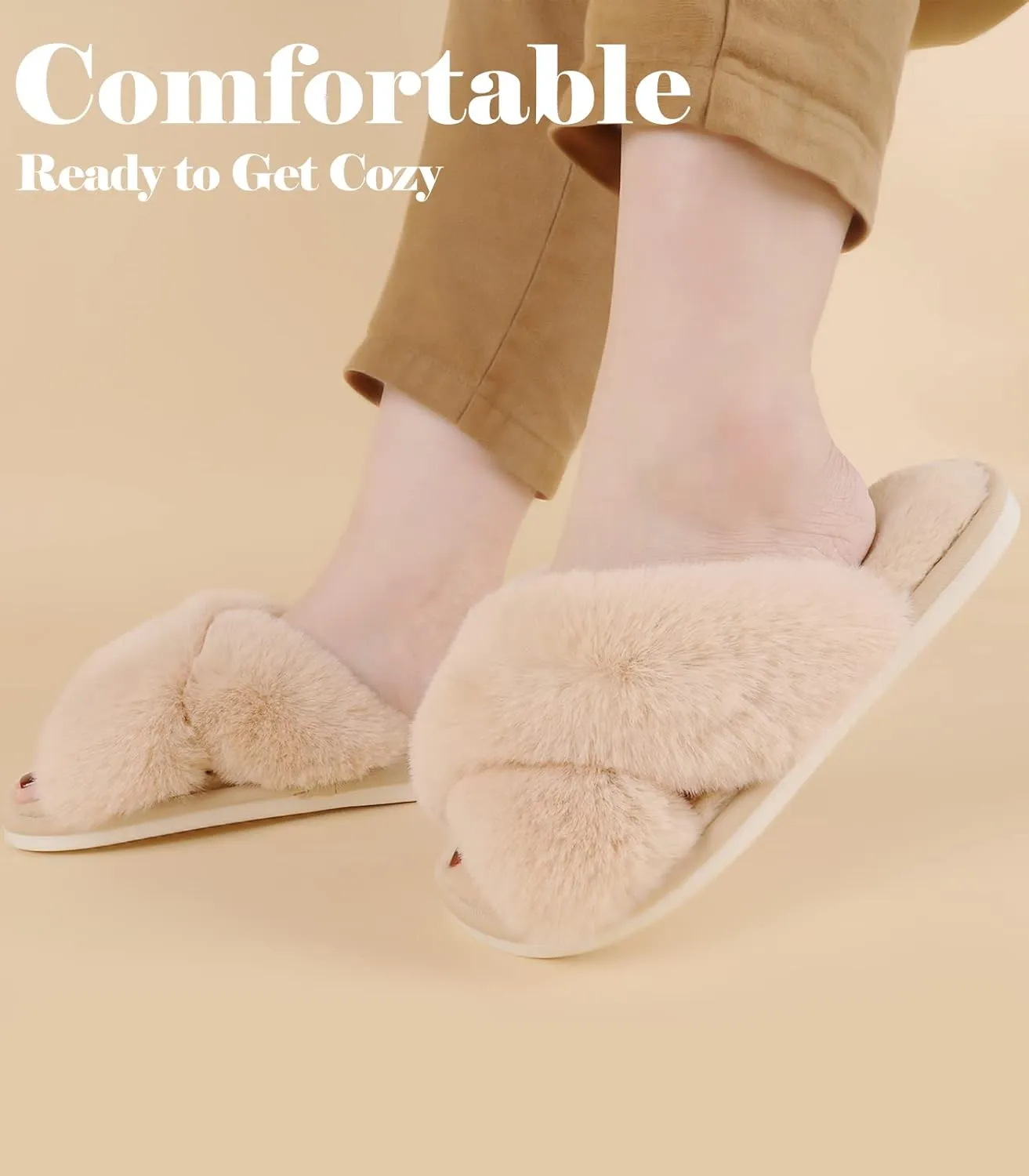 Ankis Women's Plush Slippers with Cross Band, Warm Slippers, 2 Pairs of Memory Foam and Open Toe, Fluffy Slippers for Indoor and Outdoor Use (White, Black, Grey, Pink, Camel)