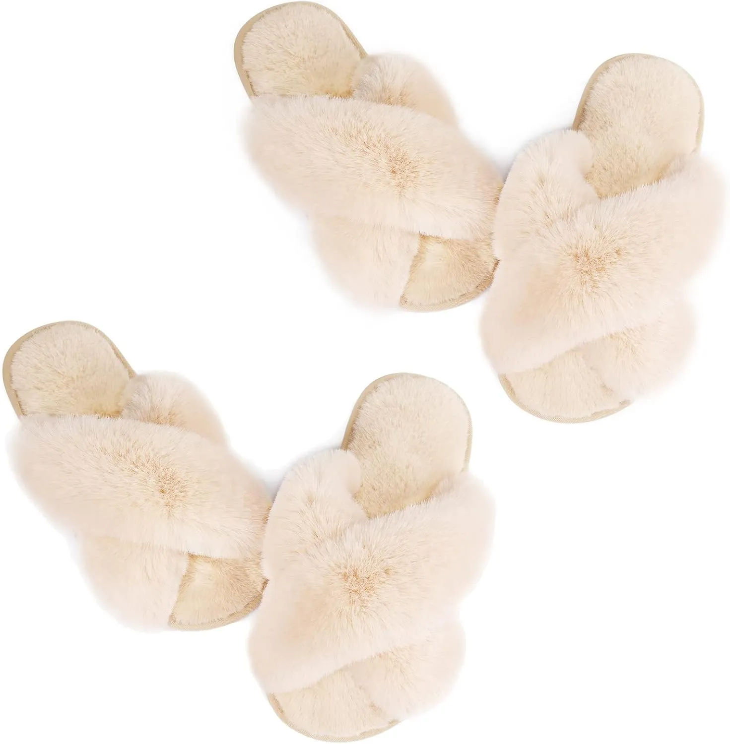 Ankis Women's Plush Slippers with Cross Band, Warm Slippers, 2 Pairs of Memory Foam and Open Toe, Fluffy Slippers for Indoor and Outdoor Use (White, Black, Grey, Pink, Camel)