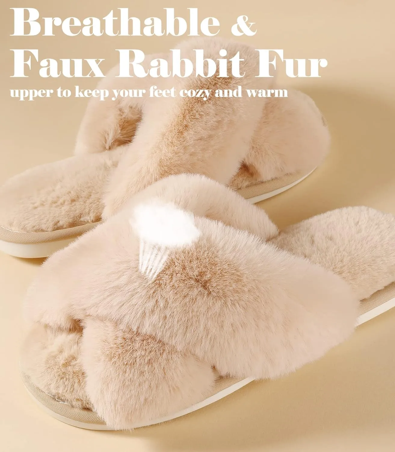 Ankis Women's Plush Slippers with Cross Band, Warm Slippers, 2 Pairs of Memory Foam and Open Toe, Fluffy Slippers for Indoor and Outdoor Use (White, Black, Grey, Pink, Camel)