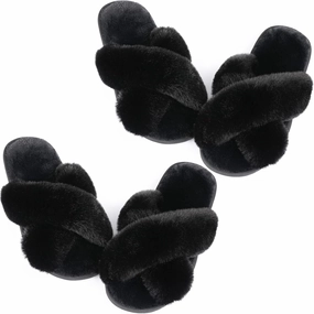Ankis Women's Plush Slippers with Cross Band, Warm Slippers, 2 Pairs of Memory Foam and Open Toe, Fluffy Slippers for Indoor and Outdoor Use (White, Black, Grey, Pink, Camel)