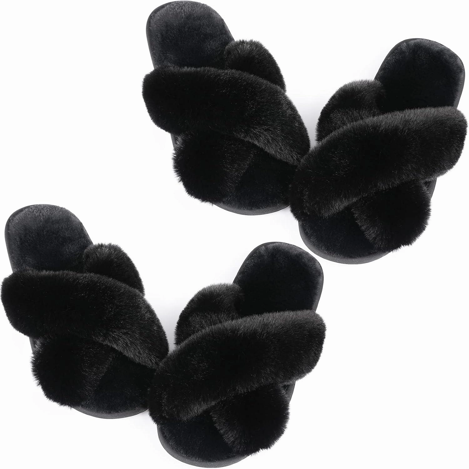 Ankis Women's Plush Slippers with Cross Band, Warm Slippers, 2 Pairs of Memory Foam and Open Toe, Fluffy Slippers for Indoor and Outdoor Use (White, Black, Grey, Pink, Camel)