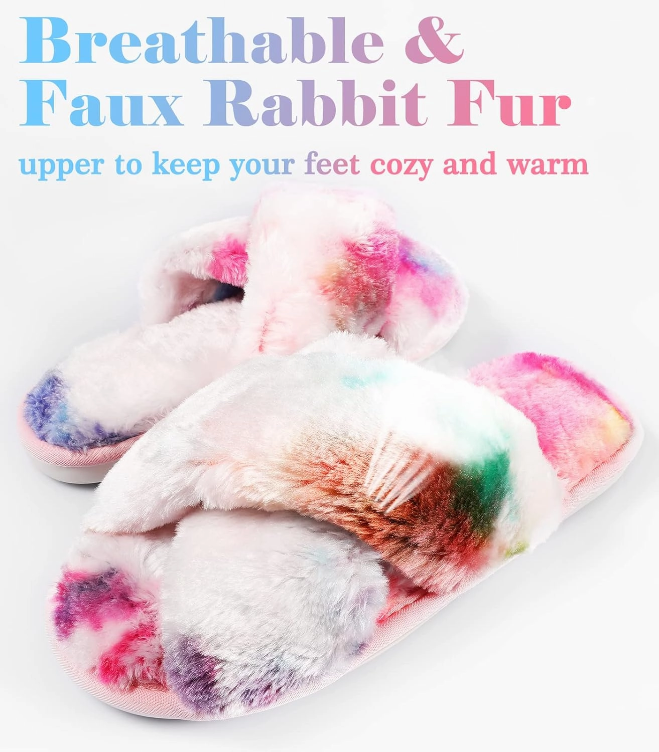 Ankis Women's Plush Slippers with Cross Band, Warm Slippers, 2 Pairs of Memory Foam and Open Toe, Fluffy Slippers for Indoor and Outdoor Use (White, Black, Grey, Pink, Camel)