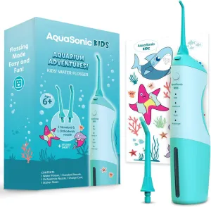 AquaSonic Kids' Water Flosser for Ages 6  | Standard Nozzle, Orthodontic Nozzle & Waterproof Stickers | 4 Flossing Modes | Aquarium Adventures Theme (Blue)