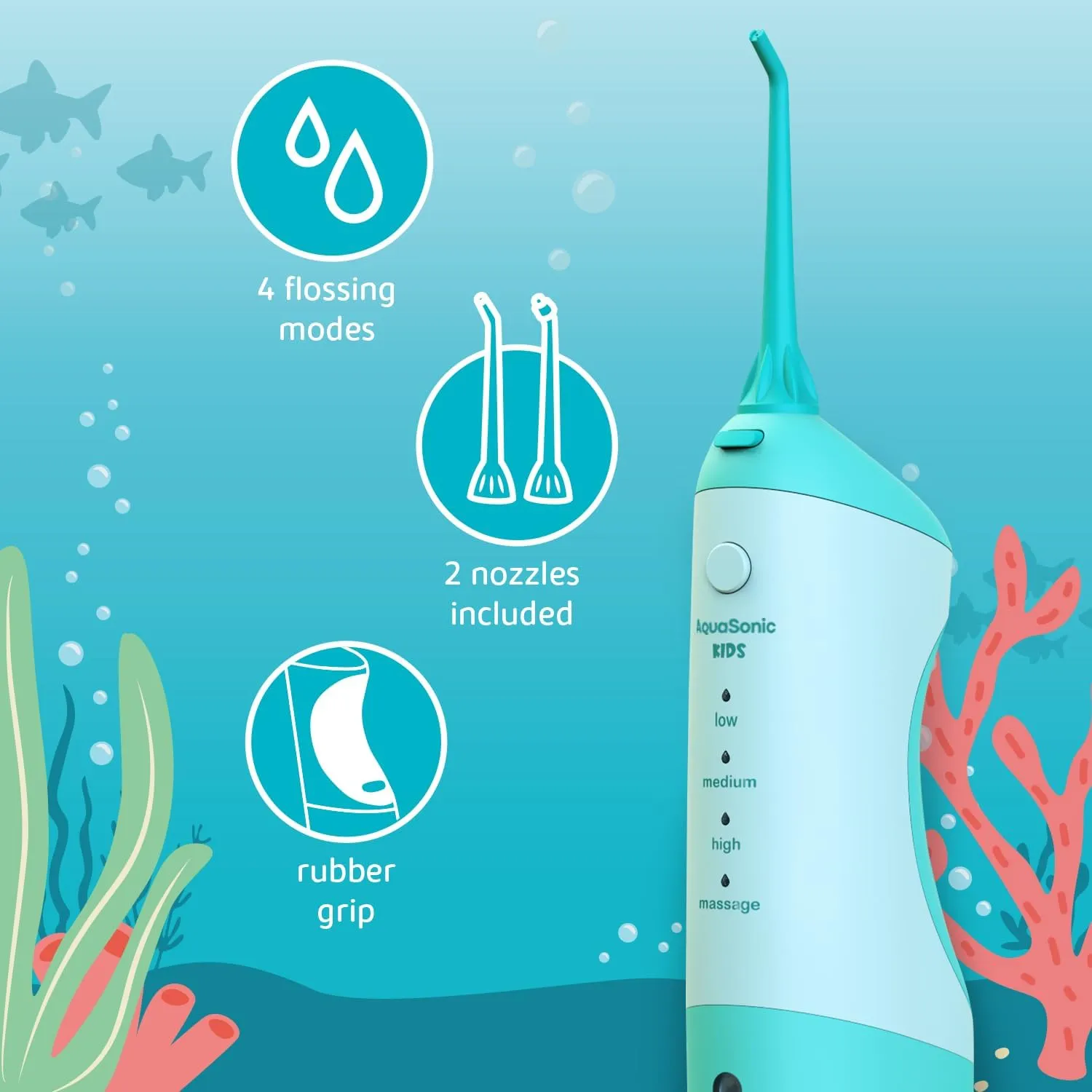 AquaSonic Kids' Water Flosser for Ages 6  | Standard Nozzle, Orthodontic Nozzle & Waterproof Stickers | 4 Flossing Modes | Aquarium Adventures Theme (Blue)